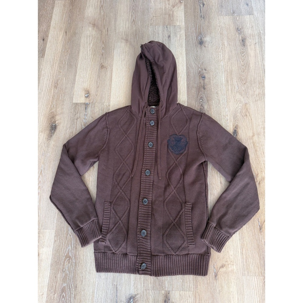 American Rag Preppy Hooded Cardigan Sweater Mens M Brown Cable Knit Gorpcore